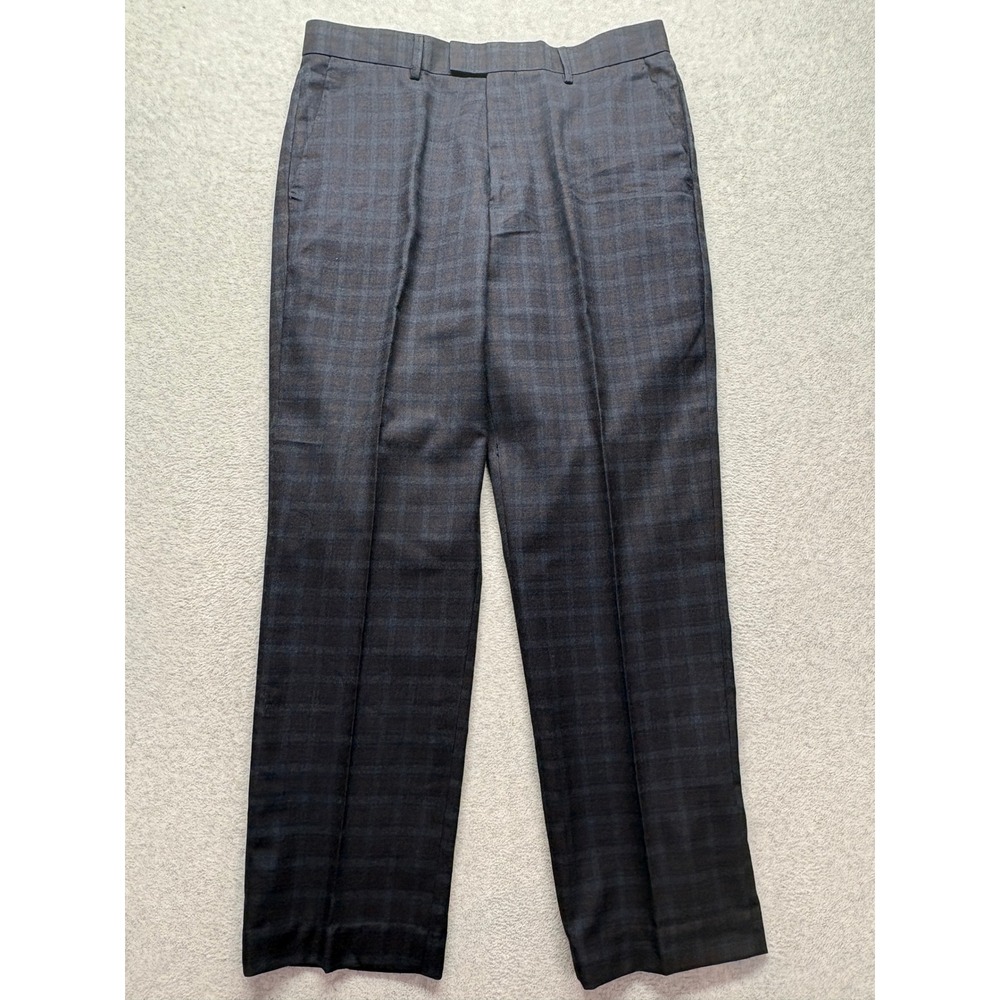 Biarelli Mens Plaid Dress Pants Blue Brown Flat Front Trousers Size 36